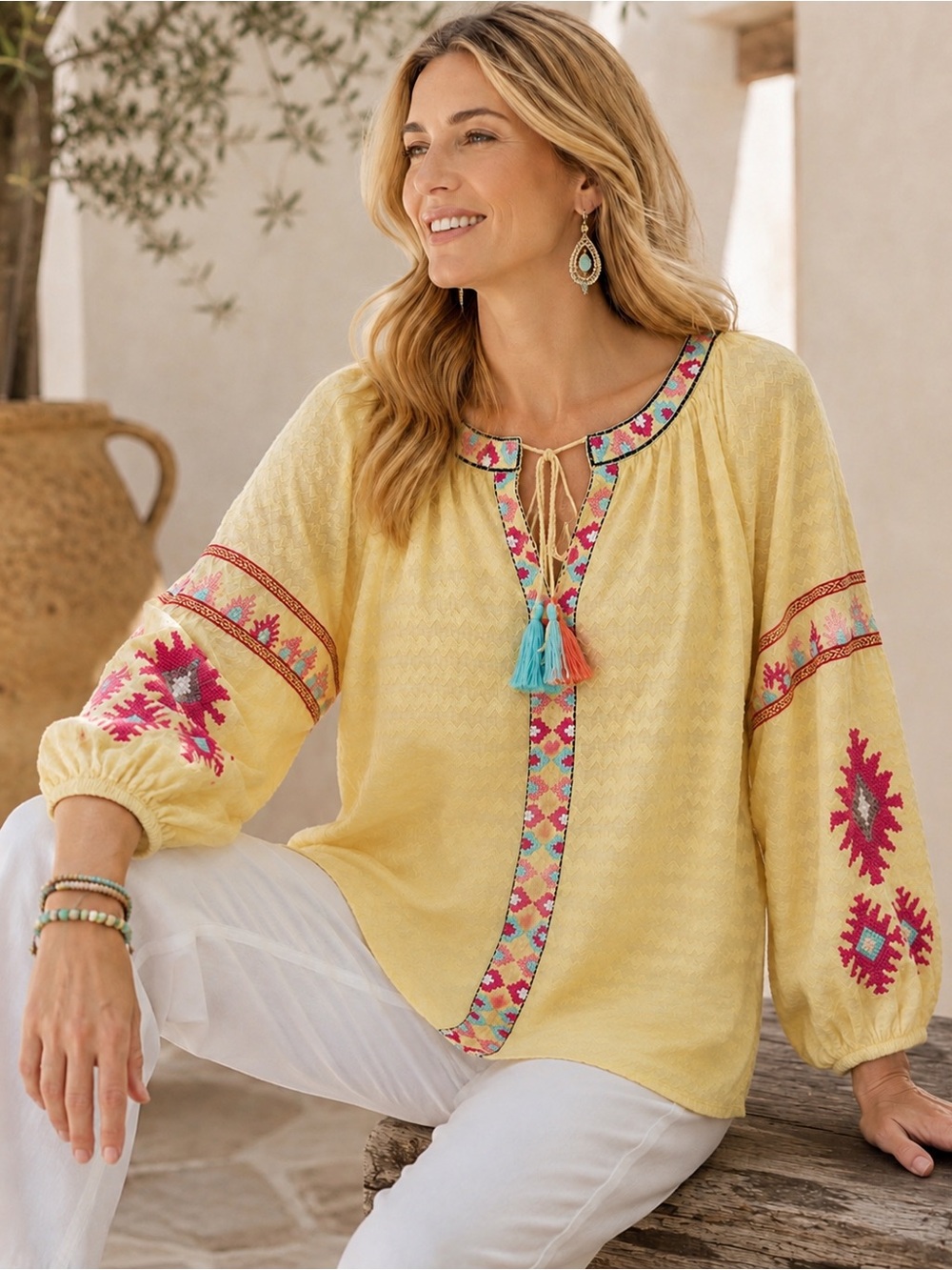 Soft Surroundings Embroidered Tunic Top 1X V-Neck Boho Peasant Southwestern